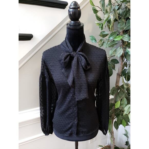 H&M Women's Size 2 Black Sheer Dot Button Blouse Bow Neck Long Sleeve Top - Picture 1 of 13